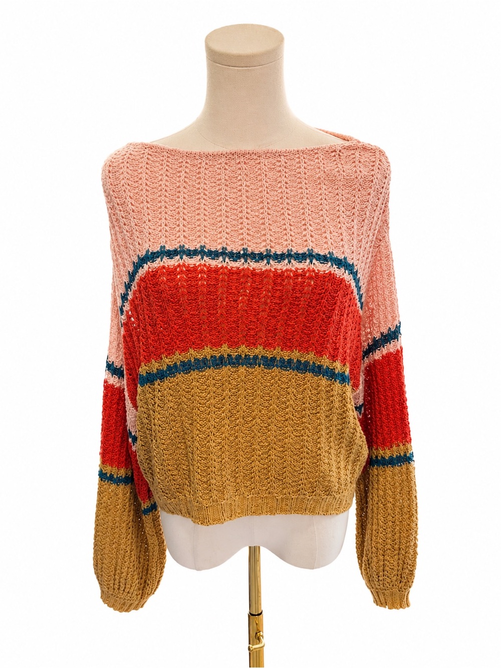 Billabong Size Large Open Knit Colorblock Lightweight Sweater Pink Rust Tan